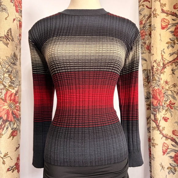 Regalo Sweaters - Regalo Ladies Fashion Vintage Ribbed Knit Sweater with Red Grey and Cream stripe